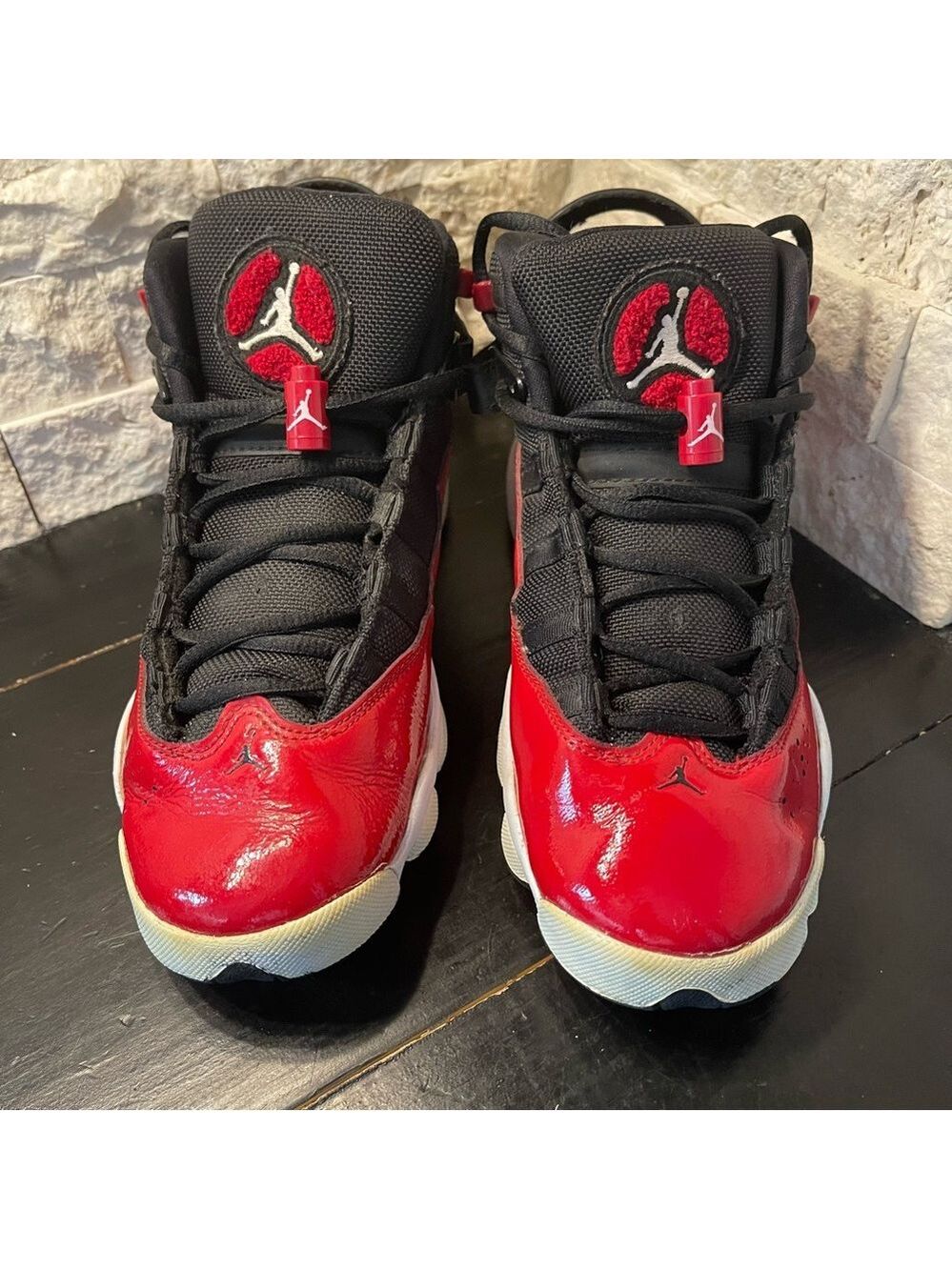 AIR JORDAN 6 RINGS BLACK/RED/WHITE MID-TOP YOUTH SIZE 6 SNEAKERS